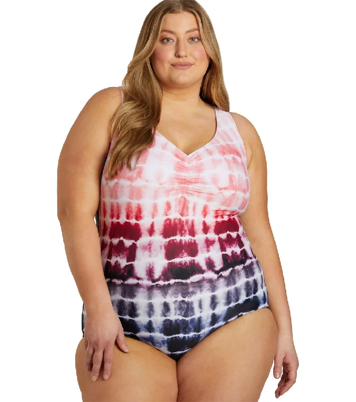 Sporti Plus Size Shibori Conservative Printed Ombre Girl Leg One Piece Swimsuit Watermelon Bold High-Cut Bikini