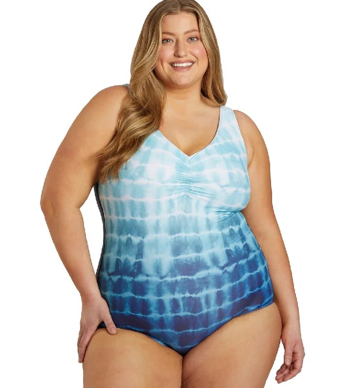 Sporti Plus Size Shibori Conservative Printed Ombre Girl Leg One Piece Swimsuit V-Neck Swim Dress