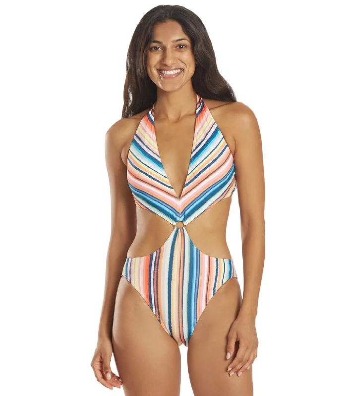 Vince Camuto Women's Multi Stripe Ring Monokini One Piece Swimsuit Multi Colored Sleek Full Coverage