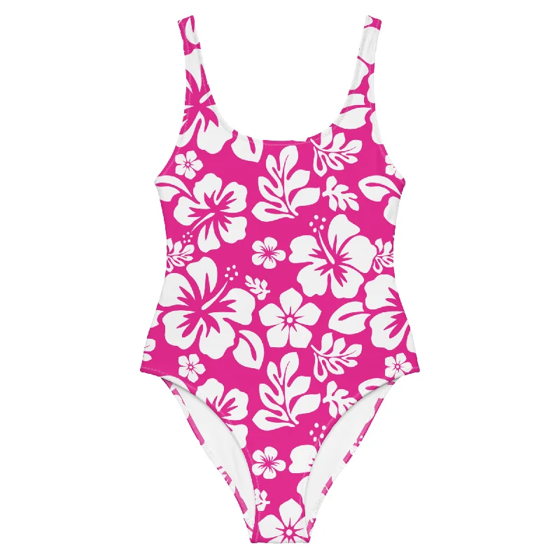 White and Hot Pink Hawaiian Flowers One-Piece Swimsuit Elegant Swimsuit Bottoms