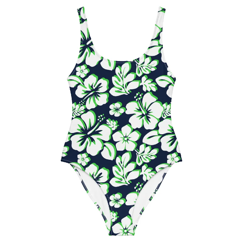 White and Lime Green Hawaiian Flowers on Navy Blue One Piece Swimsuit Mesh Panel Swimwear