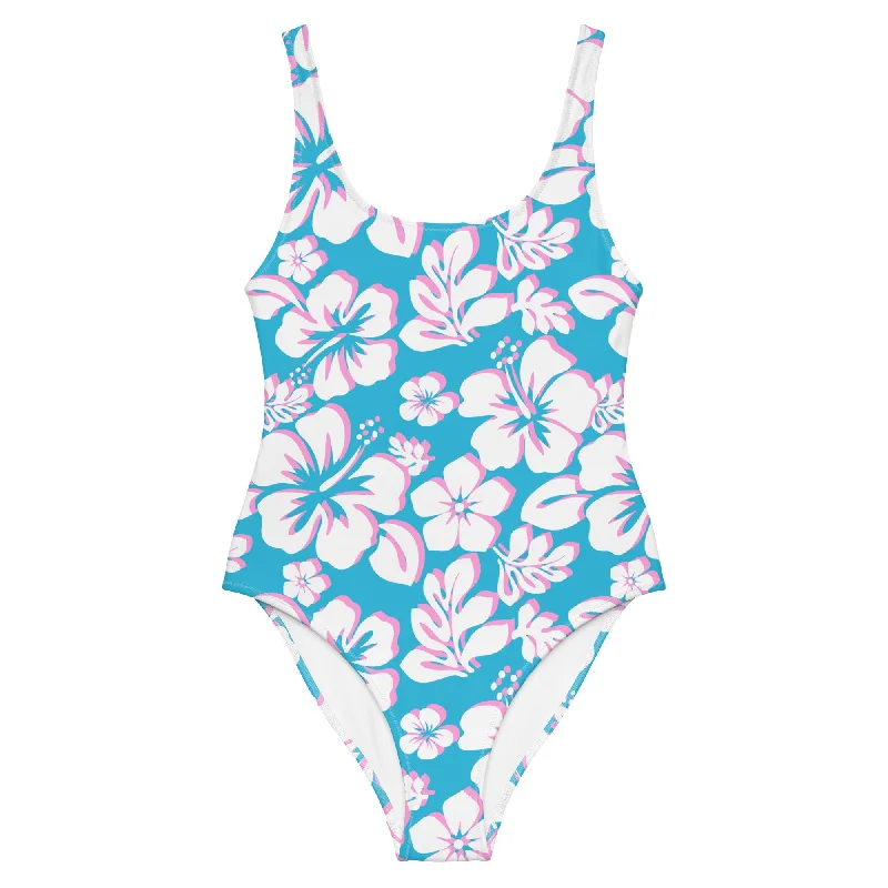 White and Pink Hawaiian Flowers on Aqua Blue One Piece Swimsuit Beachy Ruffle Bikini