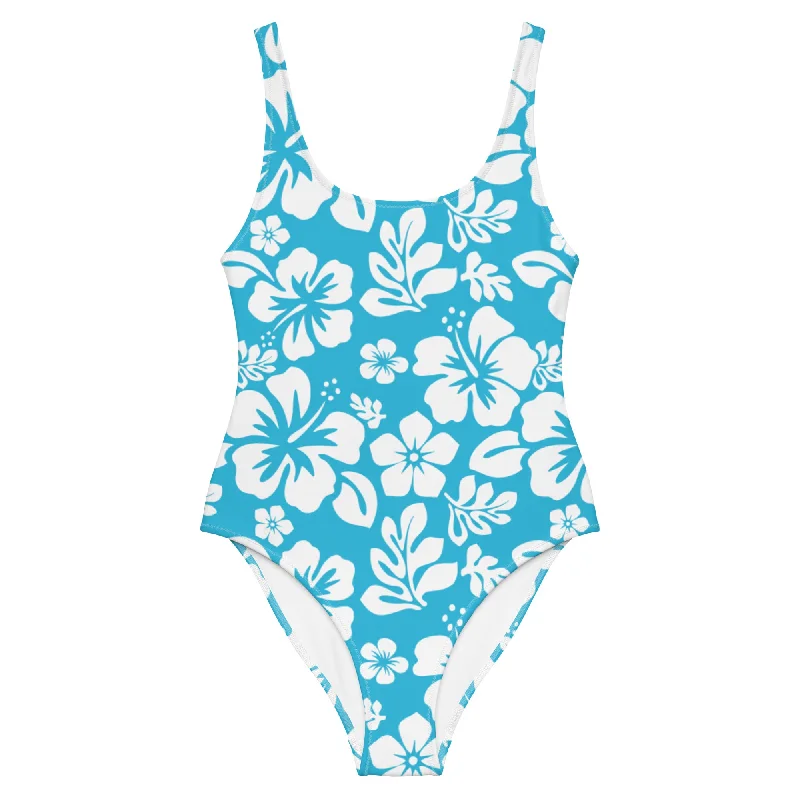 White Hawaiian Flowers on Aqua Blue One-Piece Swimsuit Sexy Two-Piece Set