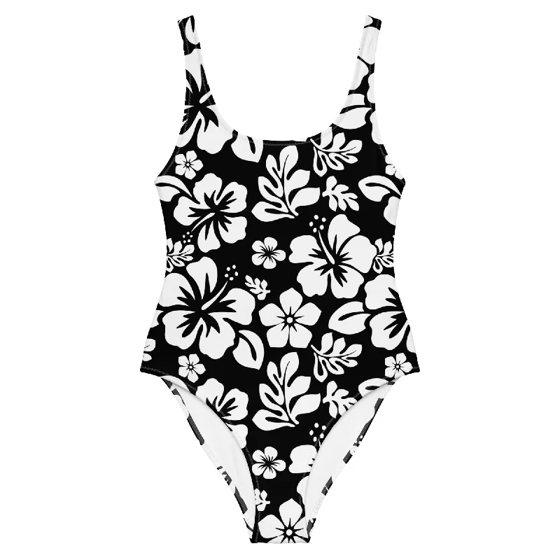 White Hawaiian Flowers on Black One-Piece Swimsuit Flirty Ruffle Swimsuit