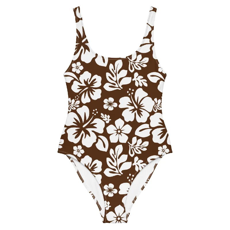 White Hawaiian Flowers on Brown One-Piece Swimsuit Ruffled Swimsuit Top