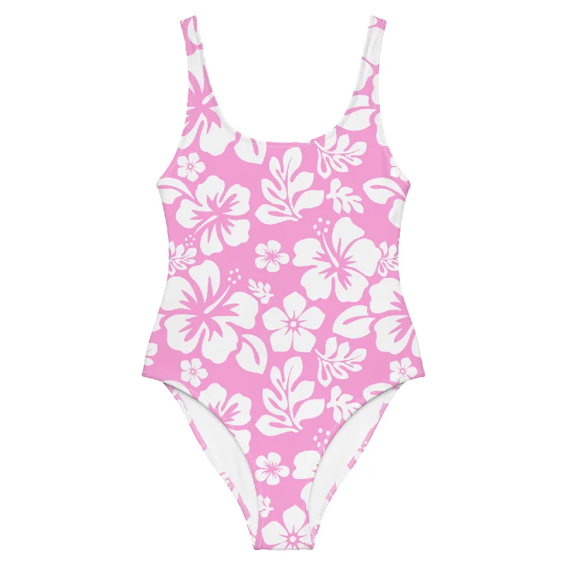 White Hawaiian Flowers on Pink One-Piece Swimsuit Sexy Monokini Swimsuit