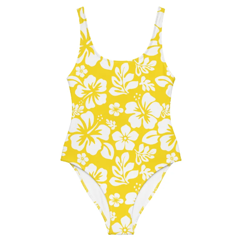 White Hawaiian Flowers on Yellow One-Piece Swimsuit Elegant Ruffle Swimsuit