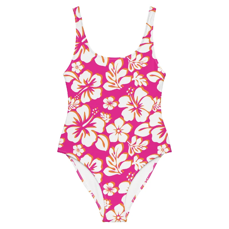 White with Orange Hawaiian Flowers  on Hot Pink One Piece Swimsuit Retro Swimwear Style