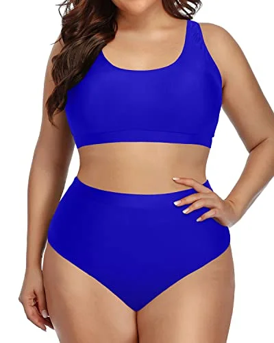 Plus Size Bikini Set Sport Bra Swimsuit Scoop Neck Tops Bottom High Waist Bathing Suit-Royal Blue Shiny One-Piece Swimsuit