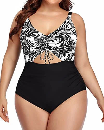 Tummy Control Plus Size Swimsuit Ruched Bottom-Black Leaves Swim Skirt Set