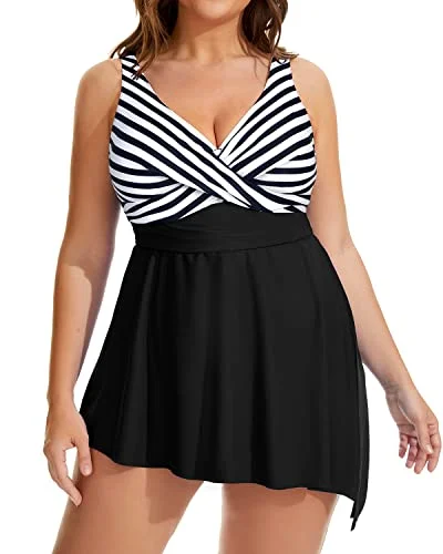 Stylish Asymmetrical Hemline Plus Size Swim Dress For Women-Black And White Stripe Plunge Neckline Swimsuit