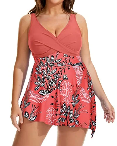 Flowy Plus Size One Piece Swimdress For Women Beach Cover Up Dresses-Red Floral Swimsuit with Skirt