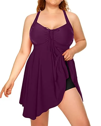 Adjustable Drawstring Plus Size Flowy Tankini Swimsuits For Women-Maroon Plus-Size Bikini Set