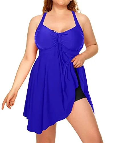 Ruffled Irregular Hem Flowy Tankini Swimdress For Women-Royal Blue And Black Strappy Back Bikini