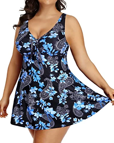 Adjustable Tie-Knot Tankini Swim Dress Boyshorts For Curvy Women-Black Floral Luxury Swimsuit Style