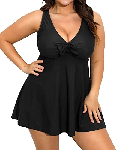 Flowy Plus Size Swim Dress Tummy Control Boyshorts-Black Elegant Halter Bikini