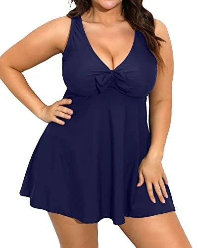 Shaping Plus Size Swim Dress Tummy Control Bottoms-Navy Blue Swimsuit with Skirt