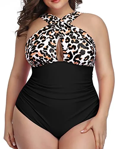 High Waisted Front Cross Swimsuit Slimming Effect-Black And Leopard Deep-V Swimsuit Design