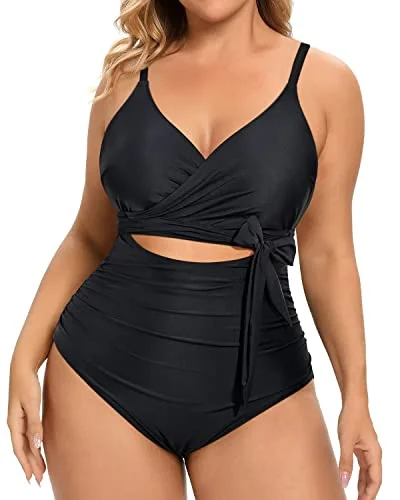 Adjustable Spaghetti Straps Backless Plus Size One Piece Swimsuits-Black Swim Skirt Set