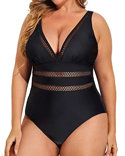 Plus Size Slimming One Piece Swimsuits For Curvy Women-Black Elegant Ruffle Swimsuit