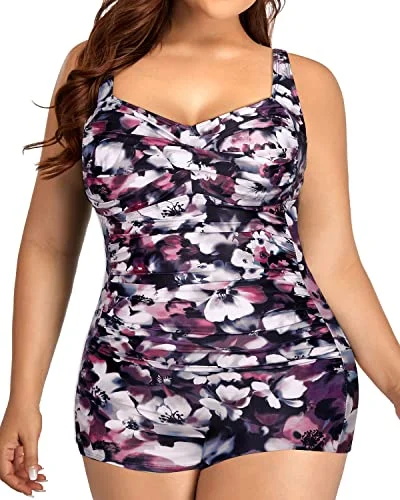 Modest Plus Size Boyshorts Swimsuits Front Twist Tummy Control-Purple Floral Casual Swim Dress