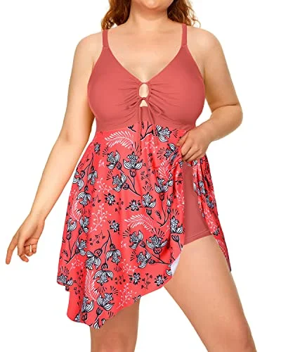 Women Flowy Plus Size Swimdress Boyshorts For Big Bust-Pink Flower Trendy Swimwear Set