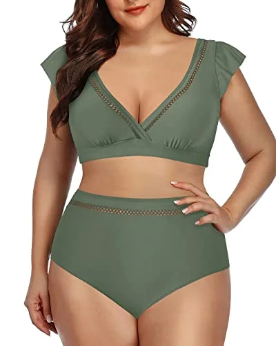 Elegant High Waisted Bikini Set Two Piece Swimsuits For Women-Olive Green Trendy Swimsuit Bottoms