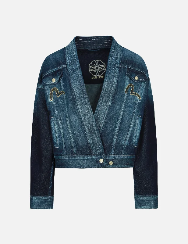 Brocade-pattern Seagull and Kamon Appliqué Denim Kimono Jacket Hooded Jacket Caped Jacket Shawl Collar Jacket