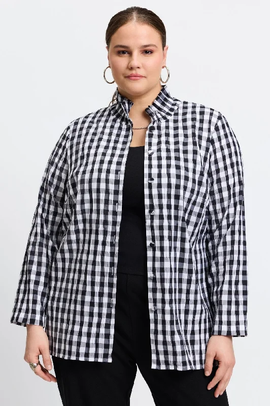 Carolina Plus Crinkle Gingham Shirt Jacket Zippered Front Buttoned Front Snap Front