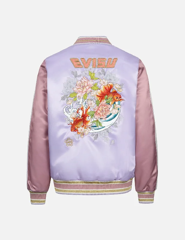 Goldfish and Floral Flow Embroidery Color-blocking Loose Fit Souvenir Jacket Collared Jacket Crew Neck Jacket Turtle Neck Jacket