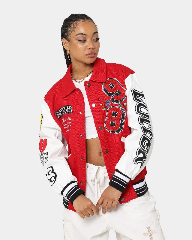 Loiter Flaws Varsity Jacket Red/Off White Print Jacket Jacquard Jacket Embroidered Jacket