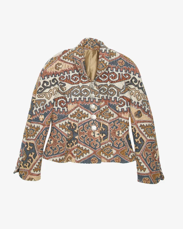 Navajo Inspired Patterned Cotton Fitted Jacket - XS / S Tiered Jacket Buttoned Jacket Zippered Jacket