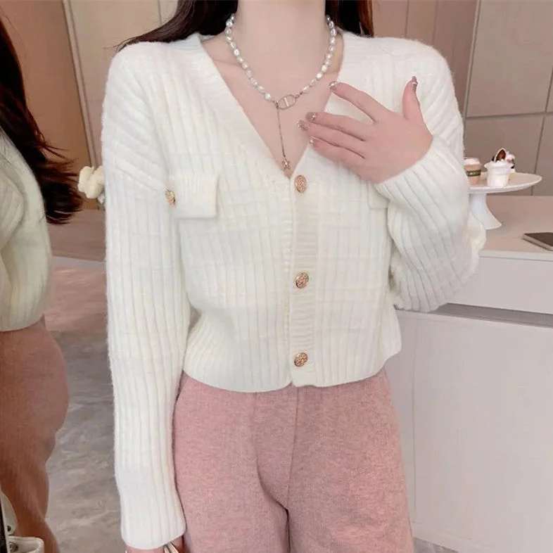 NiDELL Early Autumn . Gentle V-neck Knitted Jacket Sweater Women's Small Youthful Short Long Sleeve Cardigan Top Trendy Hoodie Zip-Up Jacket Button-Up Jacket