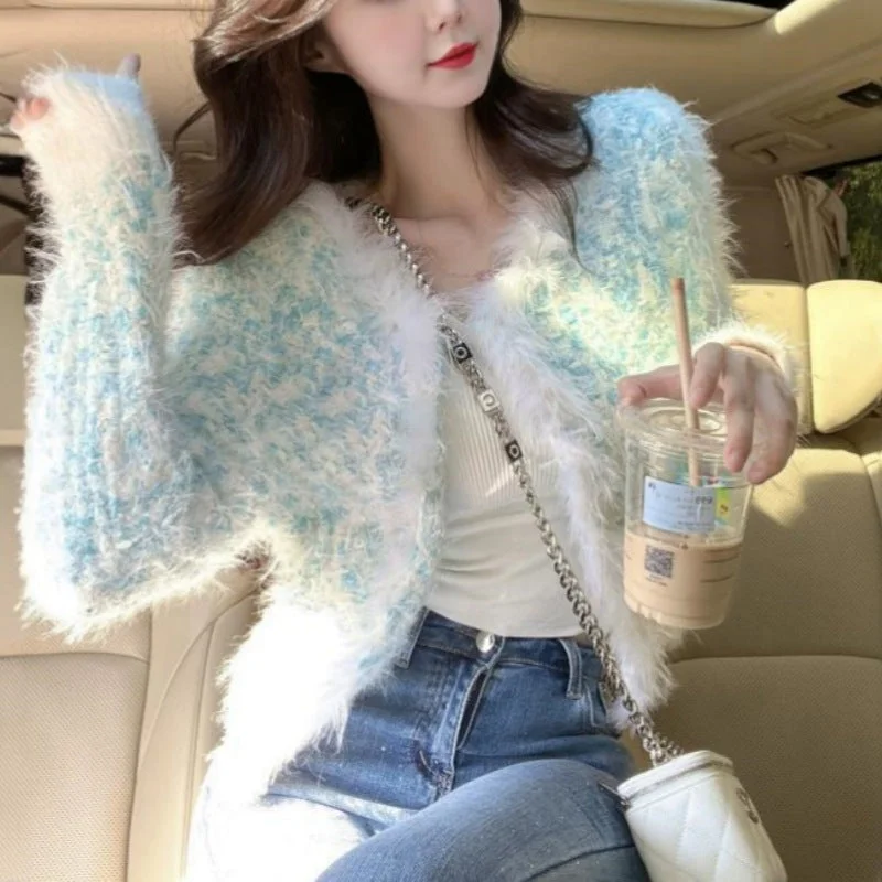 NiDELL French Style Imitation Mink Jacket Long-Sleeved Tassel Fresh Sweet Knitted Cardigan Top Female . New Autumn and Winter Sweaters Snapped Jacket Toggled Jacket Drawstring Jacket