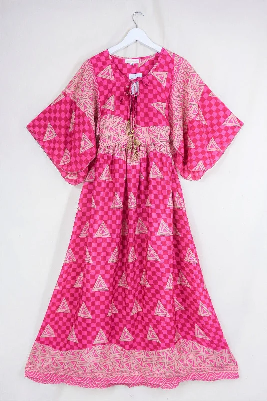 Angelica Maxi Dress - Vintage Sari - Checkerboard Pink - Free Size M/L Comfortable Ruffle Maxi Dress