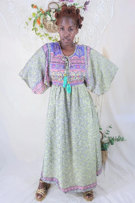 Angelica Maxi Dress - Vintage Sari - Pistachio Green & Rouge Leaves - Free Size M/L Elegant Lace Maxi Dress