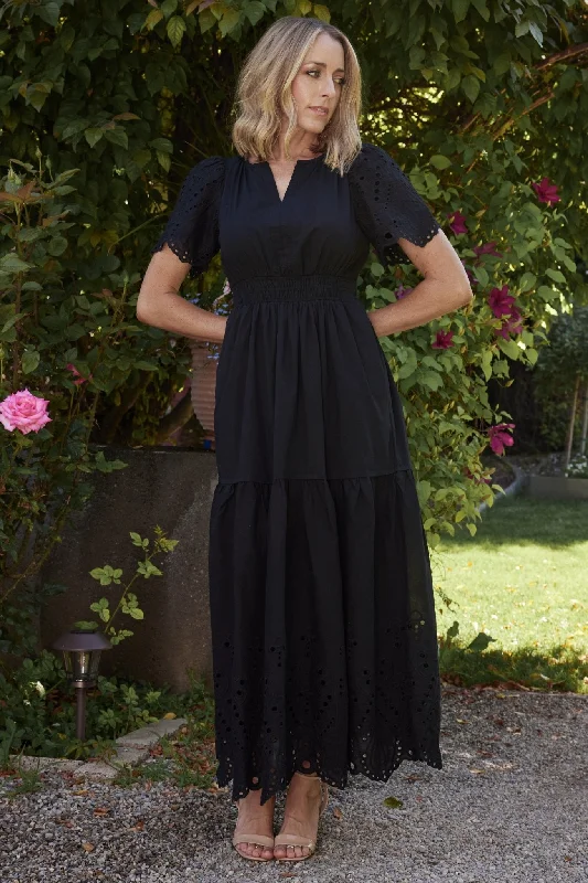 Annette Eyelet Maxi Dress | Black Fashionable High-Low Maxi Dress