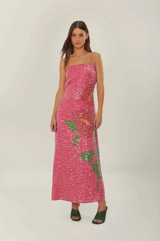 Pink Anthurium Flowers Slip Maxi Dress Chic Sleeveless Maxi Dress