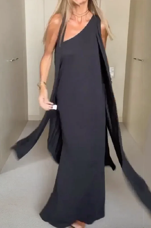 Asymmetric Solid Color Sleeveless One-Shoulder Maxi Dresses Trendy Maxi Dress with Belt