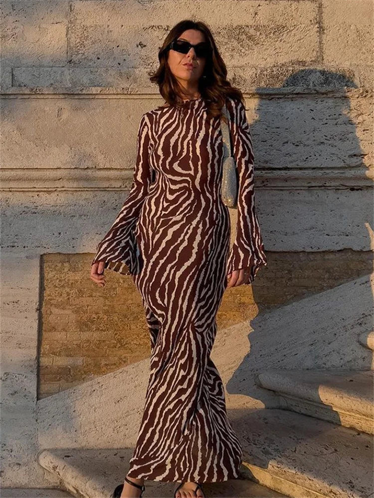 DressBetty - Autumn Sexy Long Sleeve Zebra Print Bodycon Maxi Dress Elegant Maxi Dress with Belt