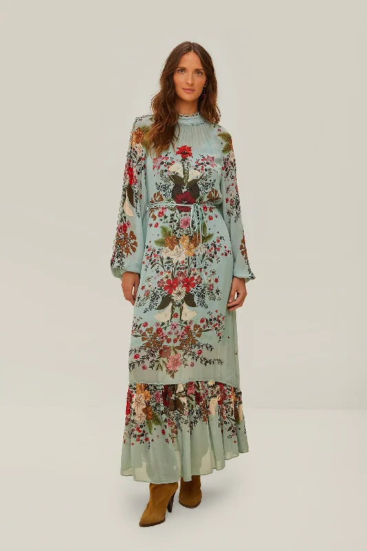 Blue Beauty Bouquet Long Sleeve Maxi Dress Chic Button-Up Maxi Dress