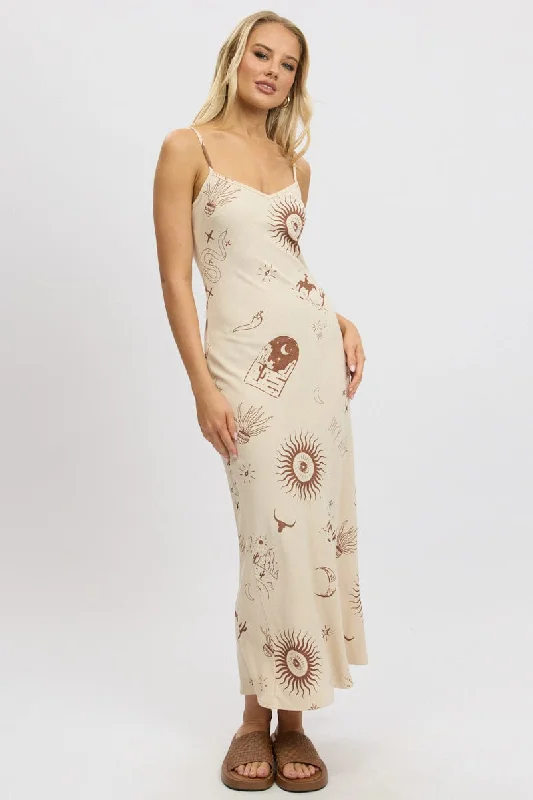 Beige Abstract Maxi Dress Bias Cut Cozy Ruffle Sleeve Maxi Dress