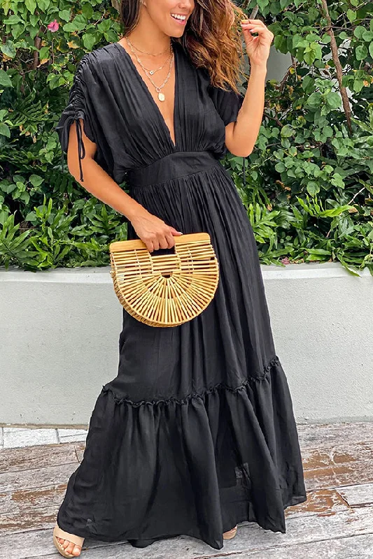 Black Drawstring Pleated Kimono Sleeve Ruffle Maxi Dress Stylish Empire Waist Maxi Dress