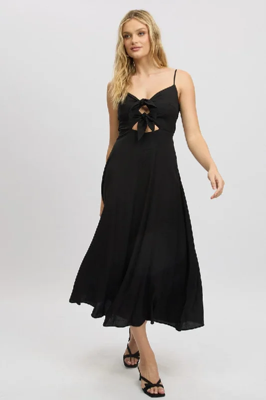 Black Maxi Dress Tie Detail Strappy Fashionable High-Low Maxi Dress