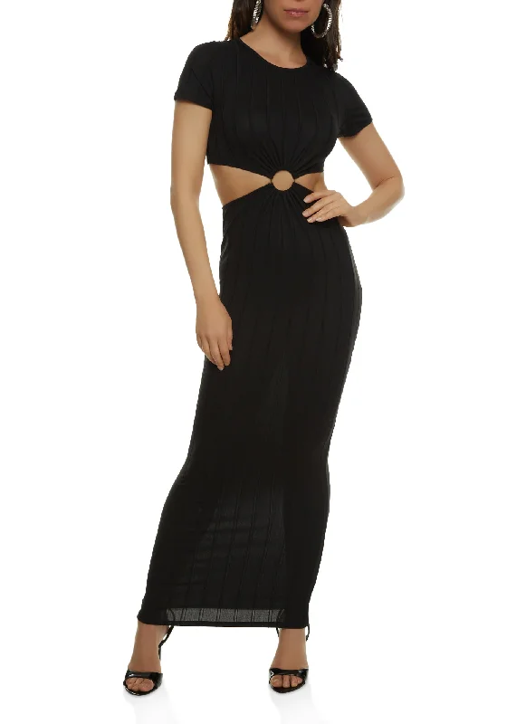 Ribbed O Ring Cut Out Maxi Dress Classic V-Neck Maxi Dress