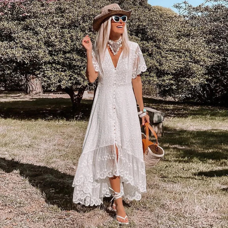 DressBetty - 2024 Bohemian Spaghetti Strap Floral Lace Beach Maxi Dress Elegant Maxi Dress with Drapes