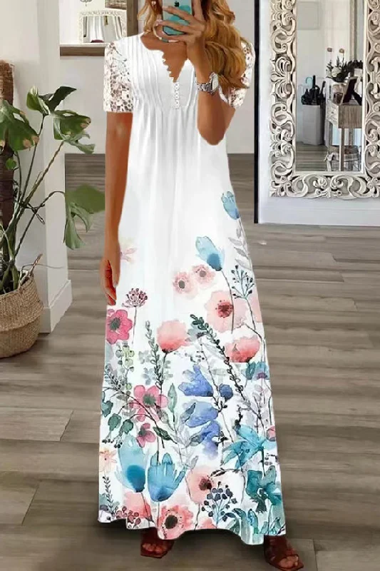 Boho Floral V Neck Button Lace Sleeve Holiday Beach Maxi Dress Comfortable Maxi Dress with Belt