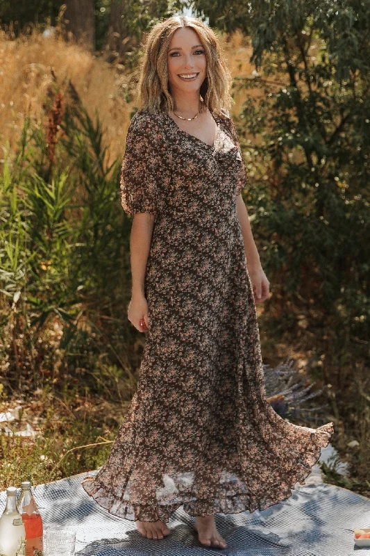 Camryn Maxi Dress | Brown Floral Elegant Silk Maxi Dress