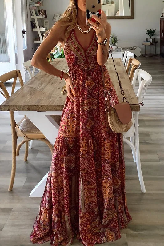 Celeste Boho Printed Strap Elastic Waist Maxi Dresses Stylish Off-Shoulder Maxi Dress