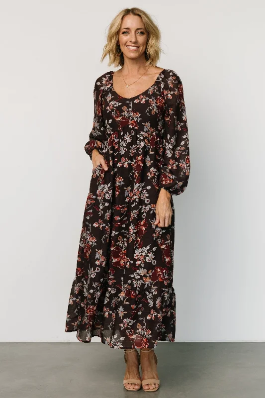 Chantae Maxi Dress | Dark Plum Print Elegant Maxi Dress with Drapes